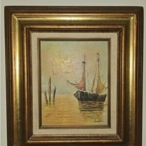 Golden Yellow Maritime Painting with Sailboat